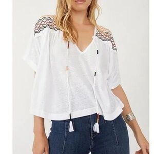 Free People Market Embroidery Trim Tassel Tie V-Neck Dolman Sleeve oversized Top